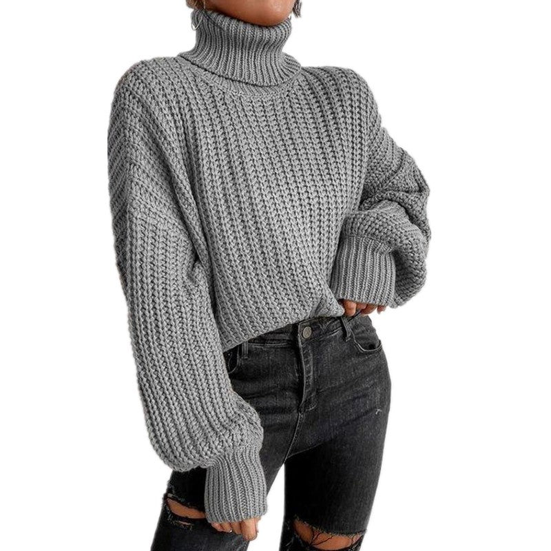 Damen Grob gestrickter Pullover mit hohem Kragen und weit ausgestellten Ärmeln EB