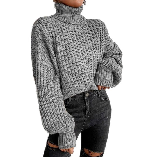 Damen nan grober Rollkragenpullover mit Oversize-Ärmeln und gerippten Bündchen EB