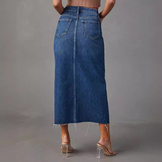 Damen Hoch geschnittene Denim-Midirock mit seitlichem Schlitz und fransigen Säumen EB