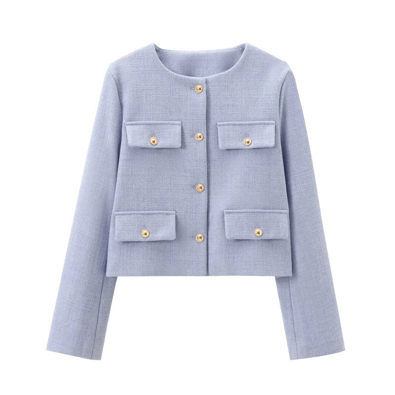 Damen Modische Kurzjacke mit dekorativen Knöpfen und praktischen Taschen EB