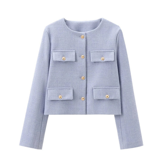 Damen Modische Kurzjacke mit dekorativen Knöpfen und praktischen Taschen EB