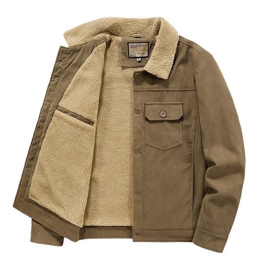 Herren Feincord‑Truckerjacke mit durchgehendem Sherpa‑Innenfutter und aufgesetzter Klappentasche EB