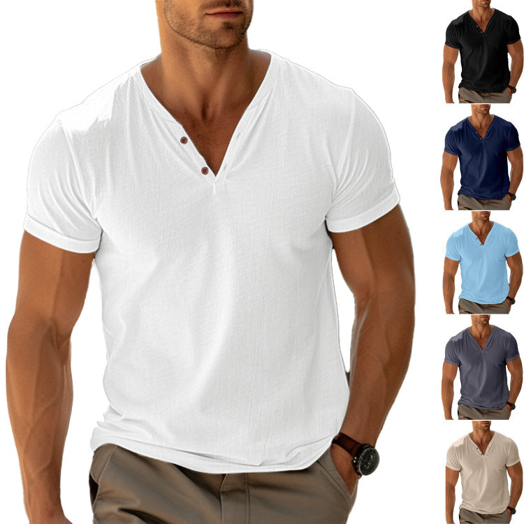 Herren nan tailliertes Henley-T-Shirt mit V-Ausschnitt kurzer Knopfleiste und krempelbaren Ärmeln EB