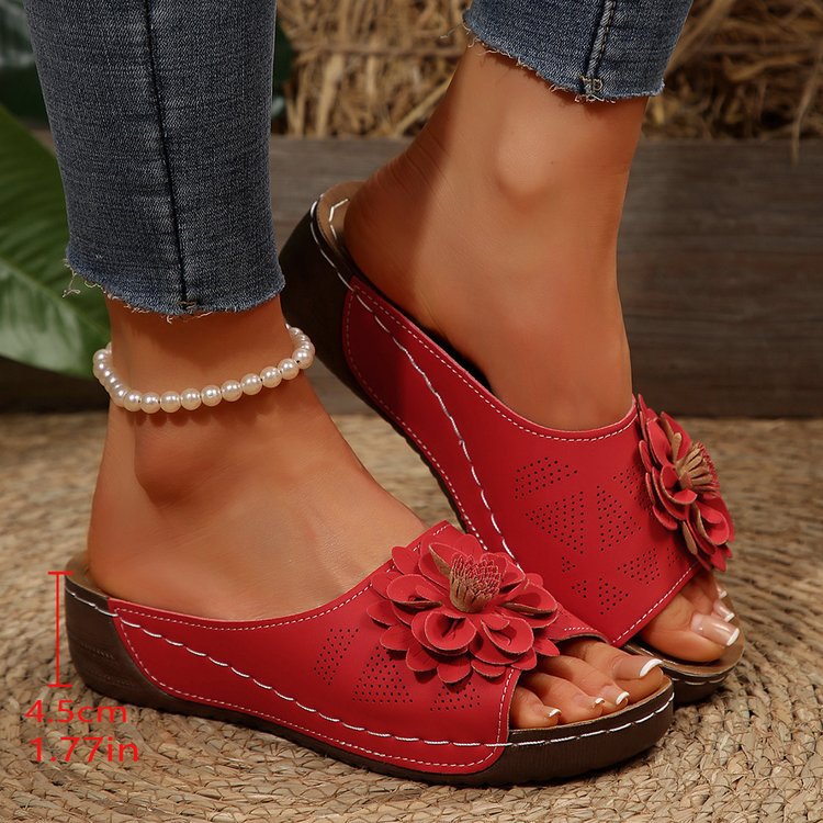 Damen Offene Zehen-Pantoletten mit Blumenapplikation, perforiertem Obermaterial und ergonomischer Keilsohle EB