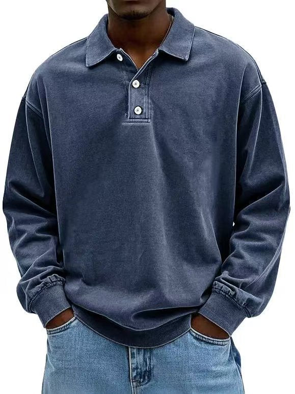 Herren nan lässiges Poloshirt-Sweatshirt mit Kragen, Vintage-Waschung und dreiteiliger Knopfleiste EB