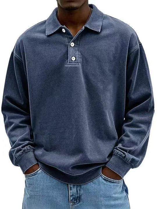 Herren nan lässiges Poloshirt-Sweatshirt mit Kragen, Vintage-Waschung und dreiteiliger Knopfleiste EB