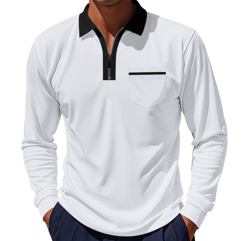 Herren nan langärmeliges Zip-Poloshirt mit Brusttasche und Kontrastkragen EB