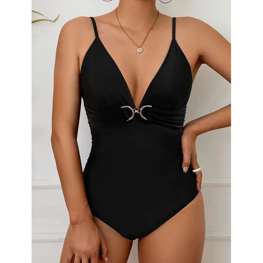 Damen Eleganter Einteiler Badeanzug mit V-Ausschnitt und Zierdetails EB