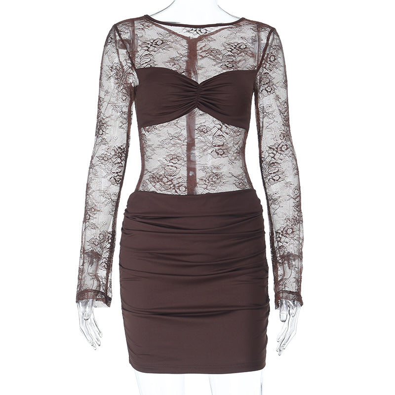Damen Spitzenkleid mit gerafftem Rock und tiefem V-Ausschnitt EB