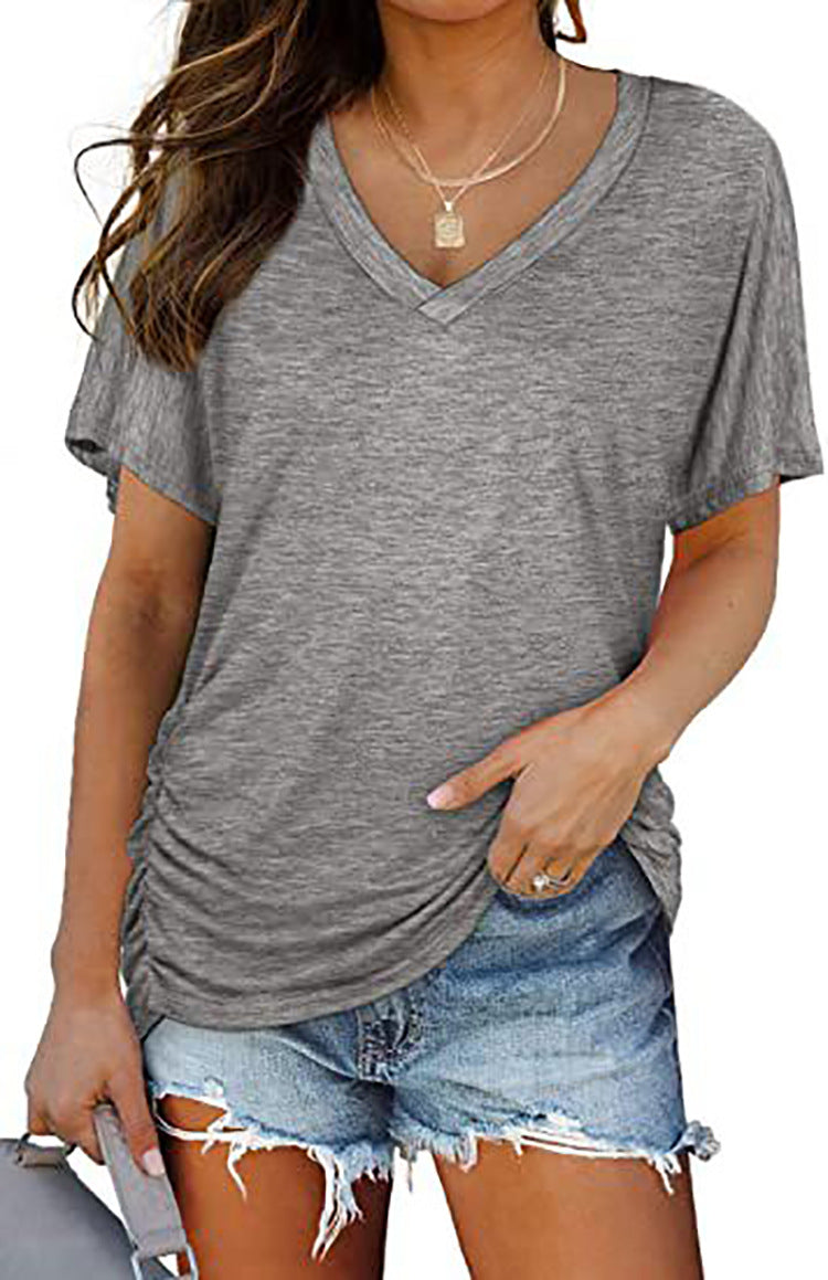 Damen V-Ausschnitt T-Shirt mit dekorativem Raffungseffekt EB