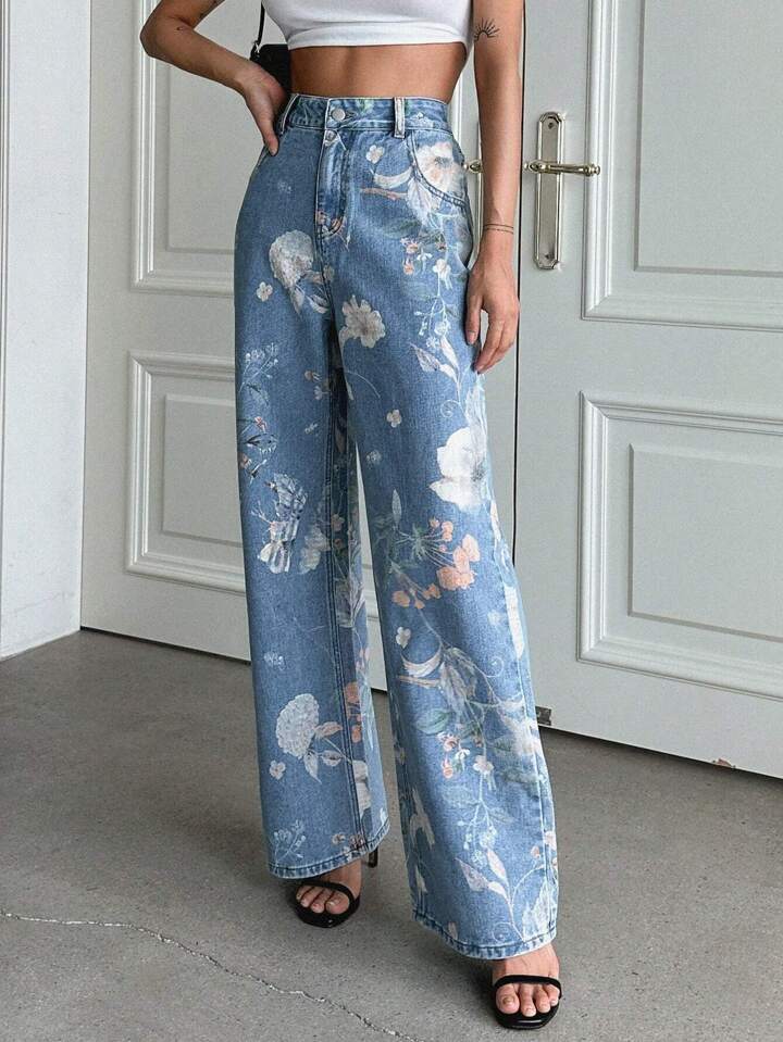 Damen Weite Denim-Hose mit floralem Muster und hohem Bund EB