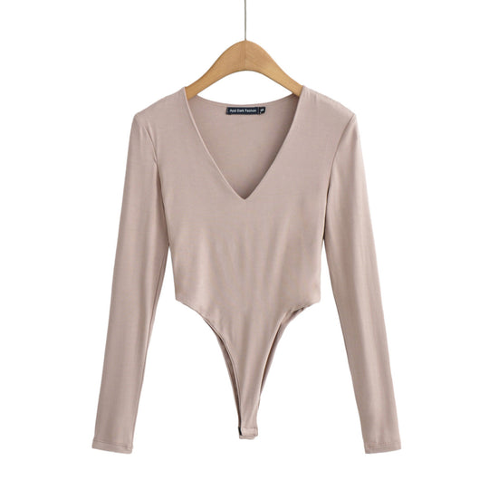 Damen figurbetontes Langarmbodysuit mit tiefem V-Ausschnitt EB