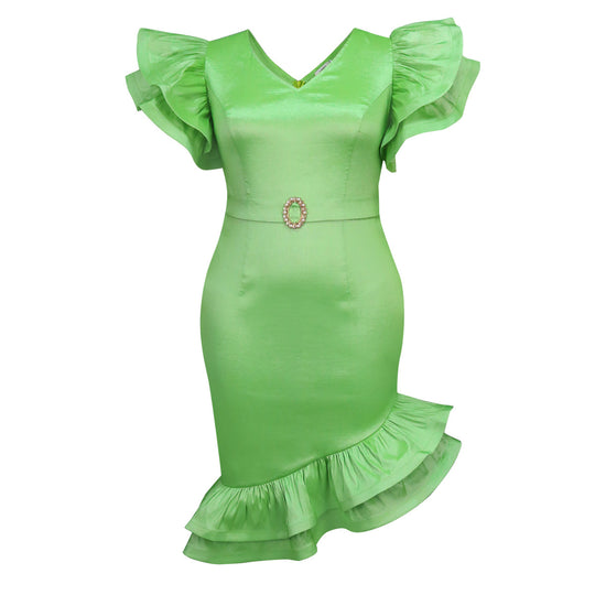 Damen elegantes Kleid mit voluminösen Rüschensäumen und tailliertem Gürtel EB
