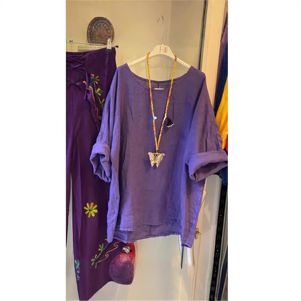 Damen Lockere Leinenbluse mit lässigem Schnitt und Rollärmeln EB