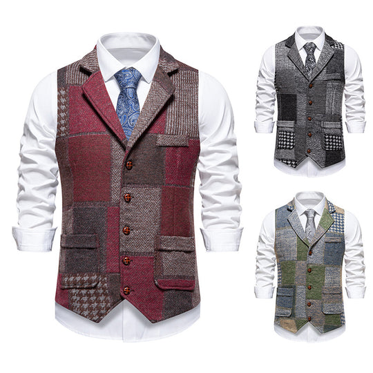 Herren nan Patchwork Weste mit Reverskragen Knopfleiste und aufgesetzten Taschen EB
