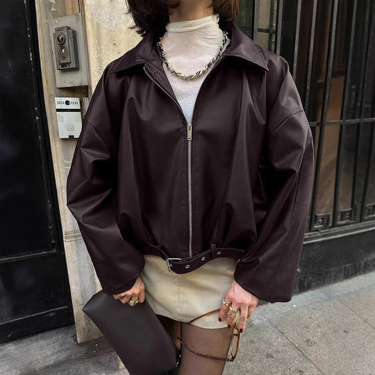 Damen lässige Oversized-Jacke mit Reißverschluss und breitem Kragen EB