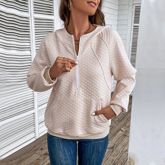 Damen Stepp‑Sweatshirt mit Halbzip, Kapuze und Kängurutasche EB