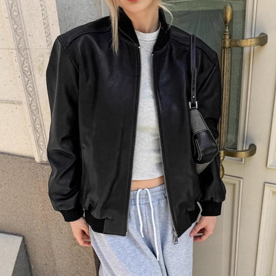 Damen Modische Bomberjacke aus weichem Kunstleder mit elastischen Bündchen EB