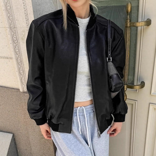 Damen Modische Bomberjacke aus weichem Kunstleder mit elastischen Bündchen EB