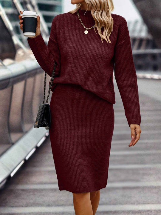 Damen nan gestricktes Twinset mit oversized Pullover und knielangem Bleistiftrock EB