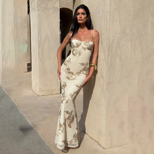 Damen Elegantes Bodenkonturierendes Maxikleid mit Spaghettiträgern und floralem Design EB