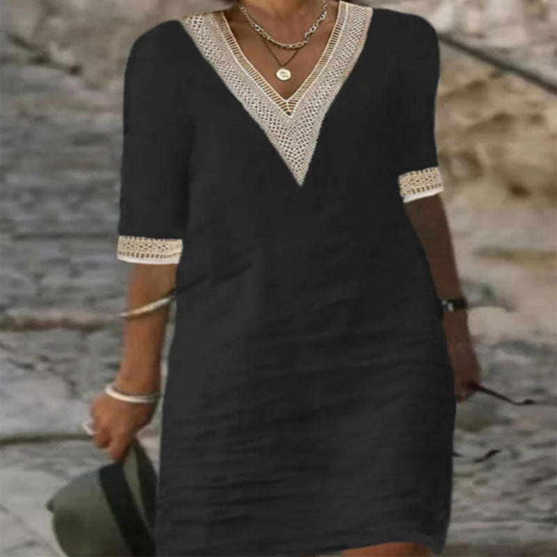 Damen Leichtes Leinen-Midikleid mit V-Ausschnitt und Häkelspitzenbesatz EB