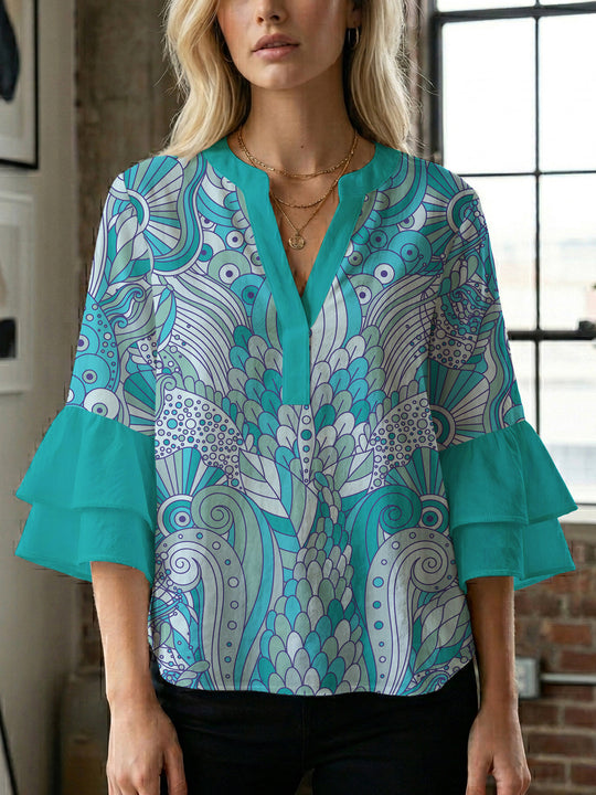 Damen Bluse mit voluminösen Rüschenärmeln und kreativem Floraldesign EB