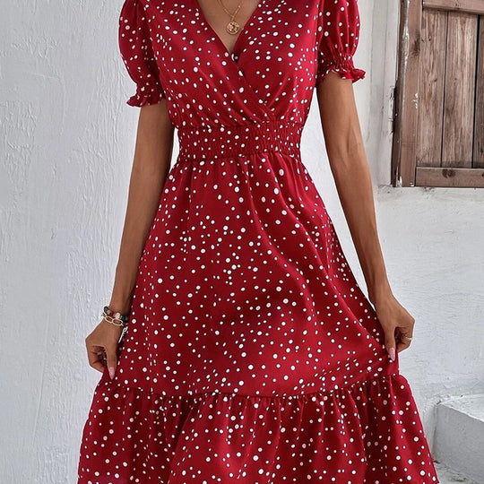 Damen Midi-Kleid mit Puffärmeln und V-Ausschnitt EB