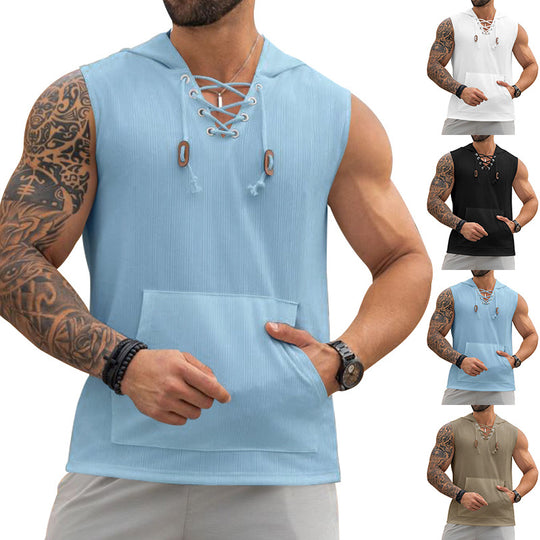 Herren Ärmelloses Sport-Tanktop mit Kapuze und Schnürung EB