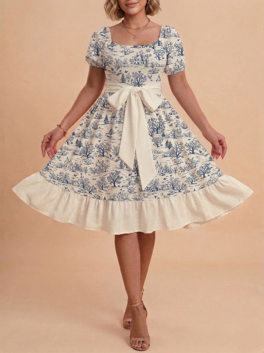 Damen Retro Maxikleid mit Puffärmeln und Taillengürtel EB
