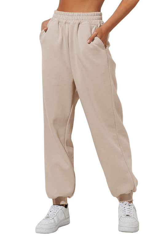 Damen nan lockere High‑Waist Jogginghose mit doppellagigem Komfortbund, seitlichen Eingrifftaschen und gerafften Knöchelbündchen EB