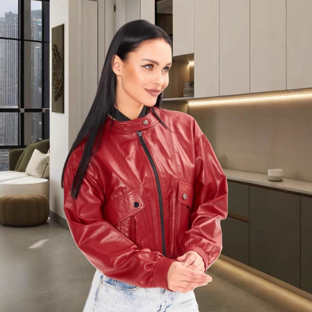 Damen klassische Kunstlederjacke im modischen Oversized-Schnitt EB