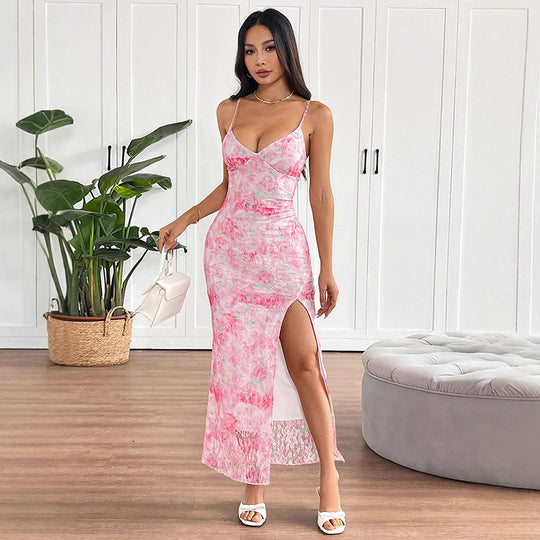 Damen elegantes Maxikleid mit floralem Muster und seitlichem Schlitz EB