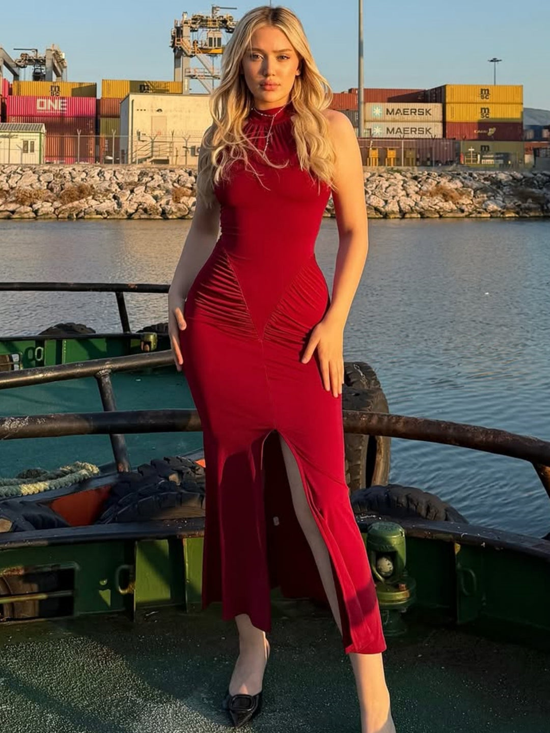 Damen Elegantes Wickelkleid mit hohem Schlitz und detailverliebt gerafftem Design EB