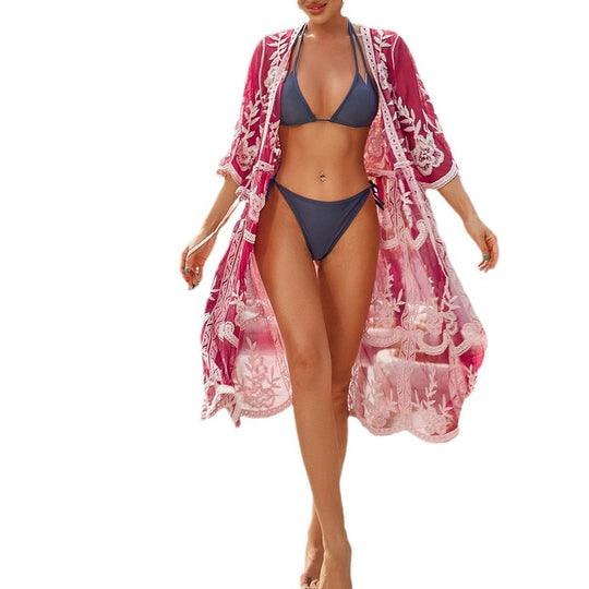 Damen elegante Häkel-Strandrobe mit voluminösen Ärmeln und floralem Design EB