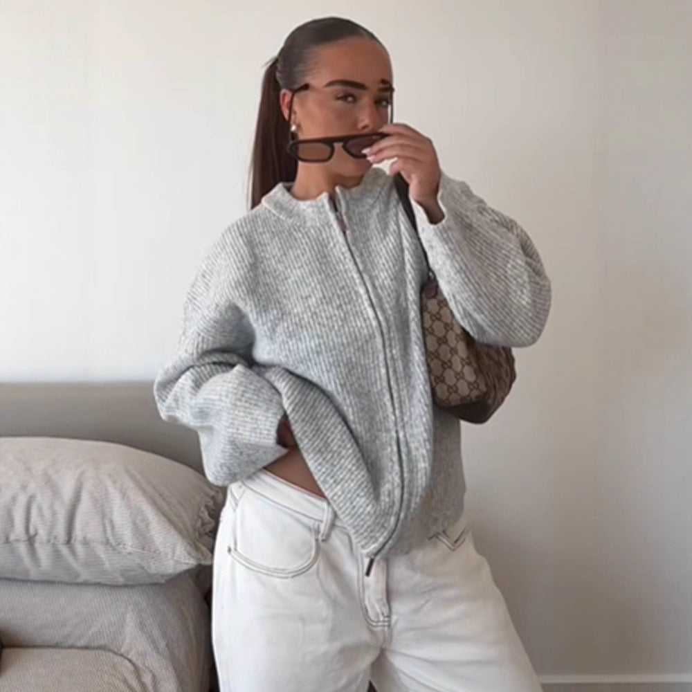 Damen kuschelige Strickjacke mit hohem Kragen und Reißverschluss EB