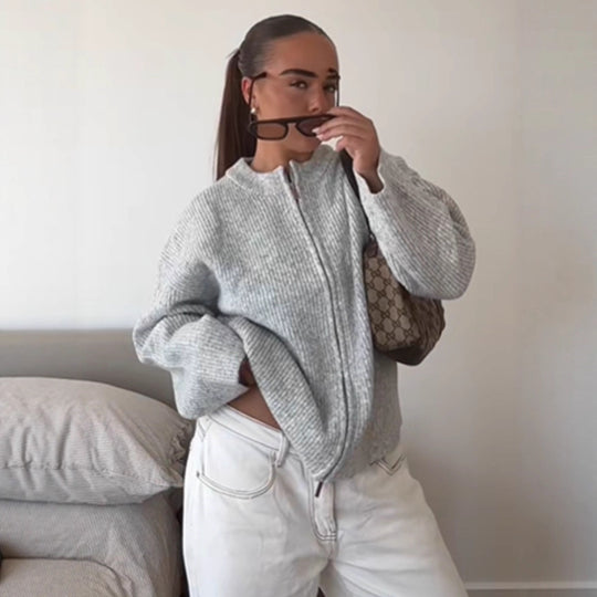 Damen kuschelige Strickjacke mit hohem Kragen und Reißverschluss EB