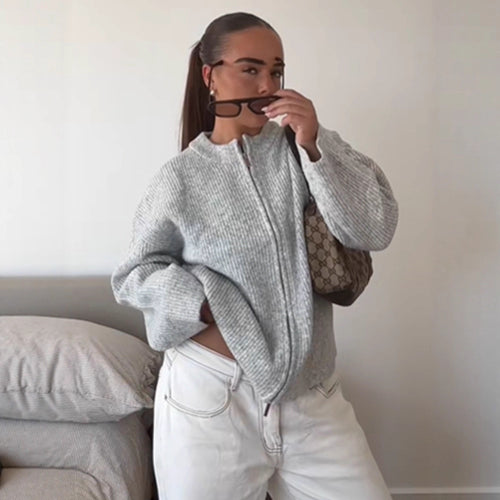 Damen kuschelige Strickjacke mit hohem Kragen und Reißverschluss EB