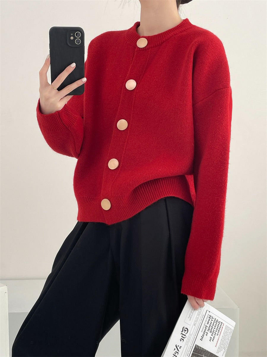 Damen Grob gestrickter Cardigan mit dekorativen Knöpfen und lässigem Schnitt EB