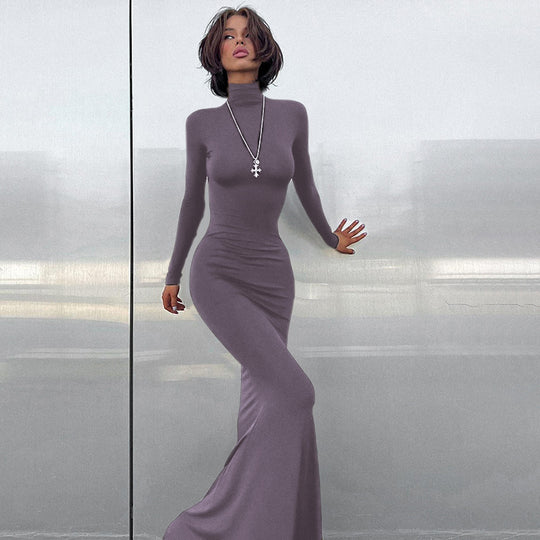 Damen figurbetontes Langarmkleid mit hohem Kragen und elegantem Schnitt EB