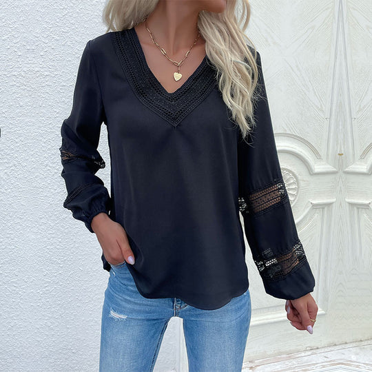 Damen elegante Bluse mit Spitzenakzenten und V-Ausschnitt EB