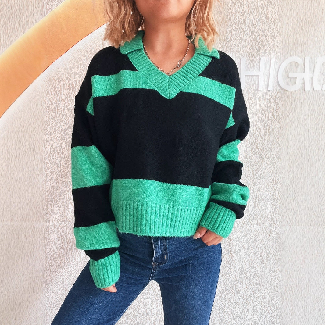 Damen Strickpullover mit modischen Streifen und V-Ausschnitt EB