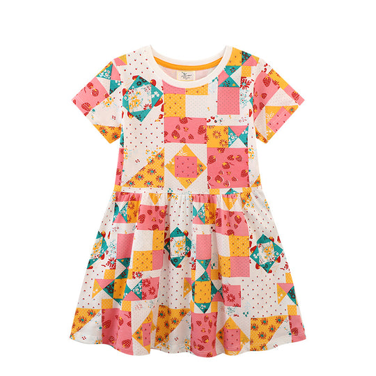 Mädchen Kurzarm Kleid mit fröhlichem Patchwork-Design EB
