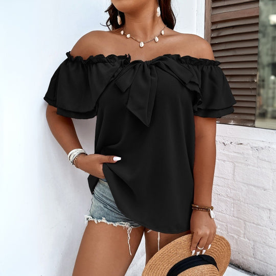 Damen Off-Shoulder Oberteil mit Schleifen-Details und Rüschensäumen EB