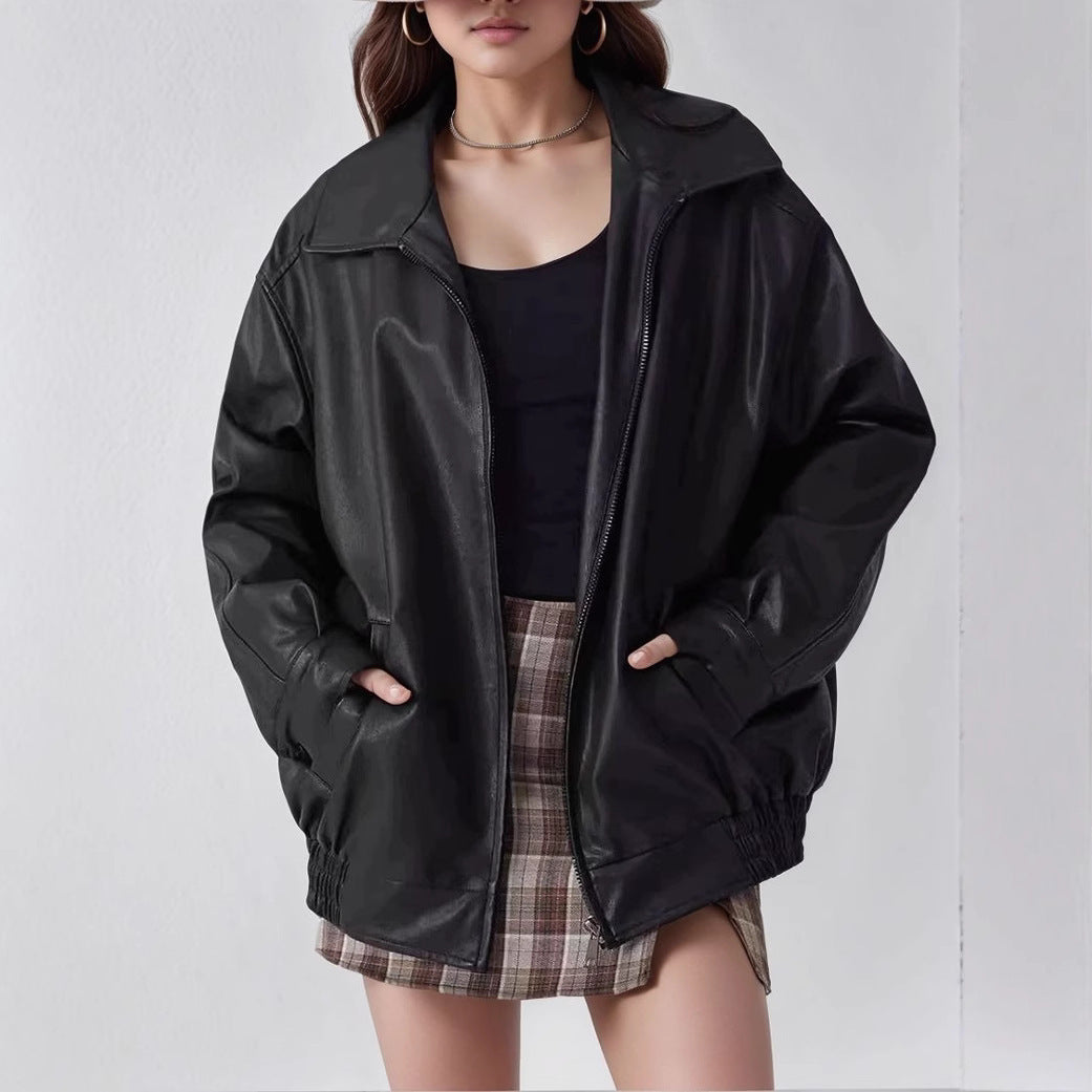 Damen modische und oversized Kunstlederjacke EB