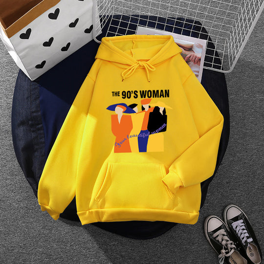 Damen nan weit geschnittener Kapuzenpullover mit Neunzigerjahre-Illustrationsprint, angerautem Fleece und Kängurutasche EB