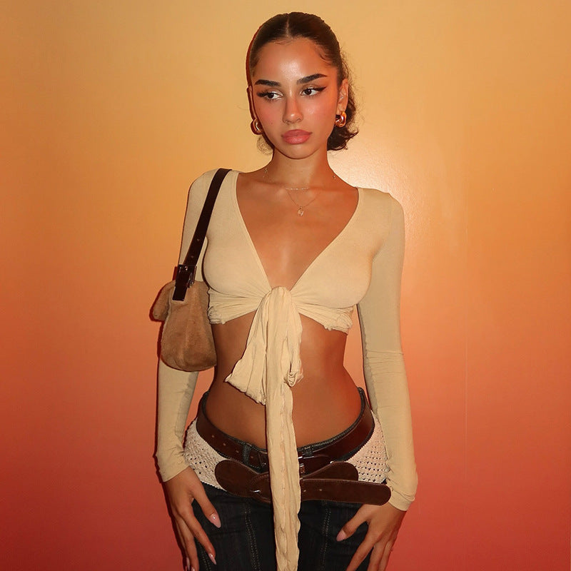 Damen Crop-Top mit verspieltem Bindeband und langen Ärmeln EB