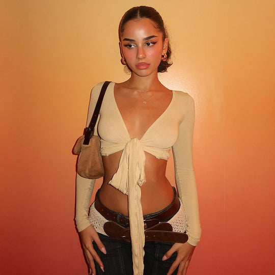 Damen Crop-Top mit verspieltem Bindeband und langen Ärmeln EB