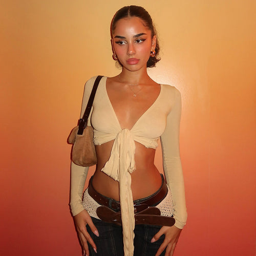 Damen Crop-Top mit verspieltem Bindeband und langen Ärmeln EB