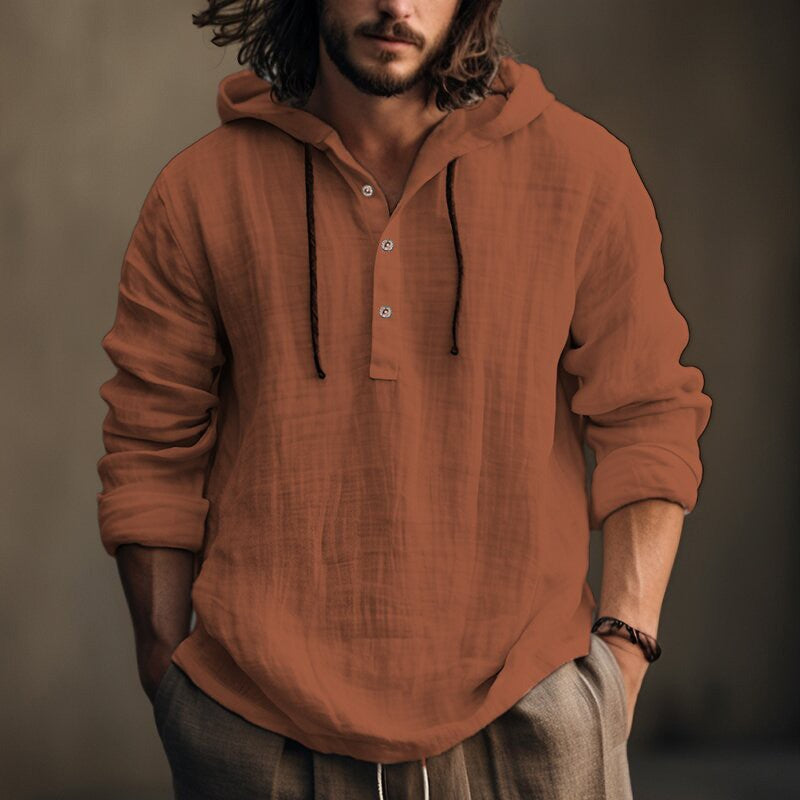 Herren nan Leichtes Kapuzenhemd im Leinenlook mit Henley-Knopfleiste EB